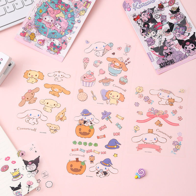 Transparent decorative sticker sheets with adorable cartoon animals, cupcakes, flowers, and seasonal illustrations