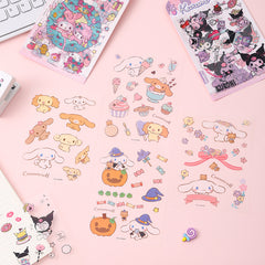 Transparent decorative sticker sheets with adorable cartoon animals, cupcakes, flowers, and seasonal illustrations
