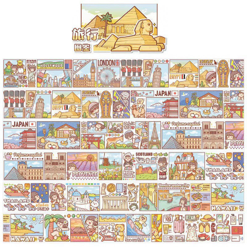 Travel themed decorative sticker roll with landmarks, cities, vacation scenes, and planner decorations