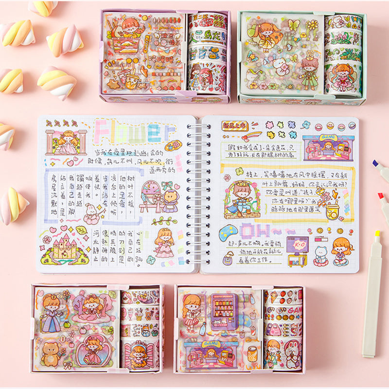 Cartoon washi tape and sticker sets used to decorate an open journal page