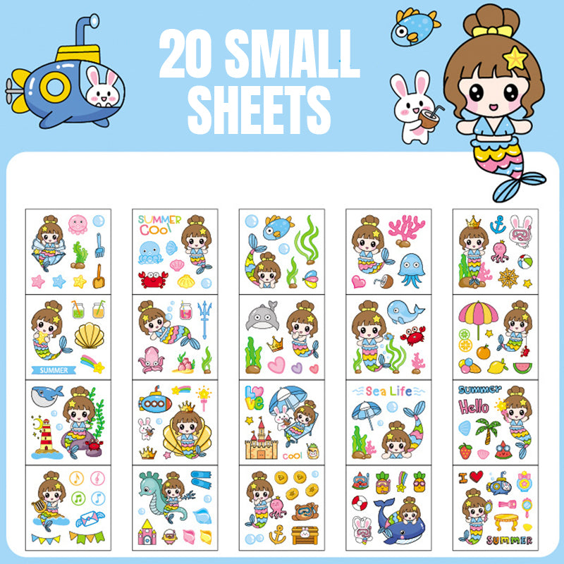 Twenty sheet water themed PET sticker set with ocean, beach, sea life, and cute cartoon designs for planners and crafts