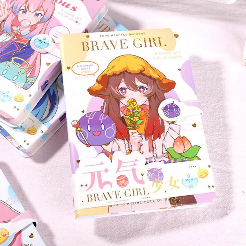 Yellow Brave Girl kawaii anime notebook displayed on a pastel desk with magnetic buckle closure and illustrated hardcover.