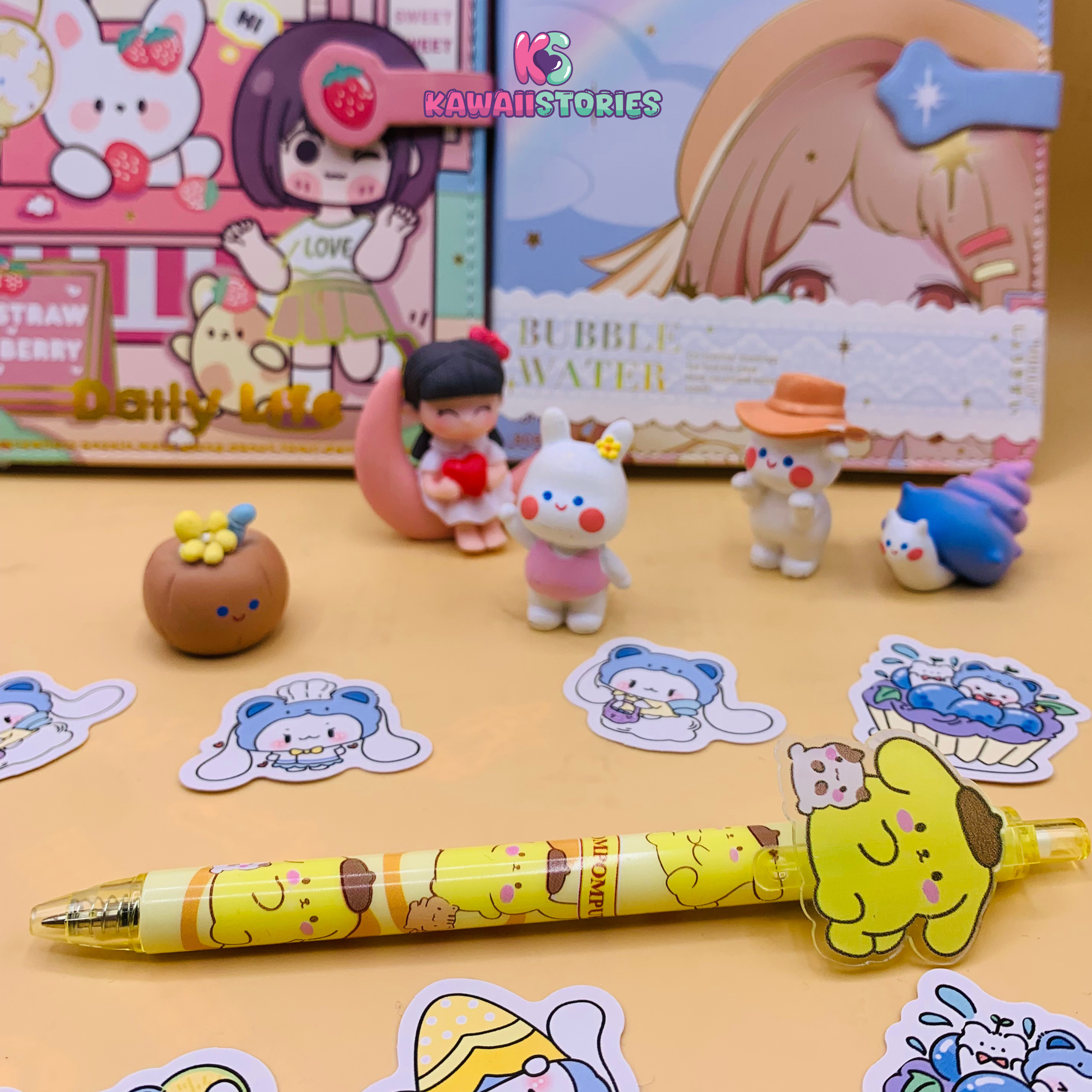 Yellow acrylic patch gel pen with acrylic character topper